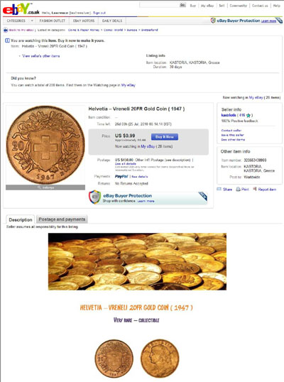 kastriotis Partial Original eBay Listing 320553438999 Using our 1947 Swiss Vreneli Gold 20 Francs Reverse Photograph